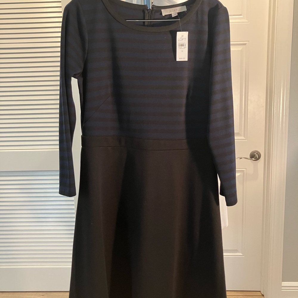 LOFT Navy Stripe and Black Long Sleeve Fit-and-Flare Dress - Picture 2 of 2